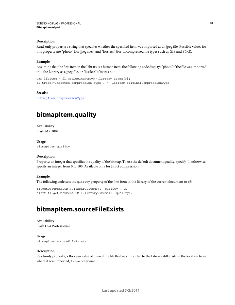Bitmapitem.quality, Bitmapitem.sourcefileexists | Adobe Extending Flash Professional CS5 User Manual | Page 60 / 565