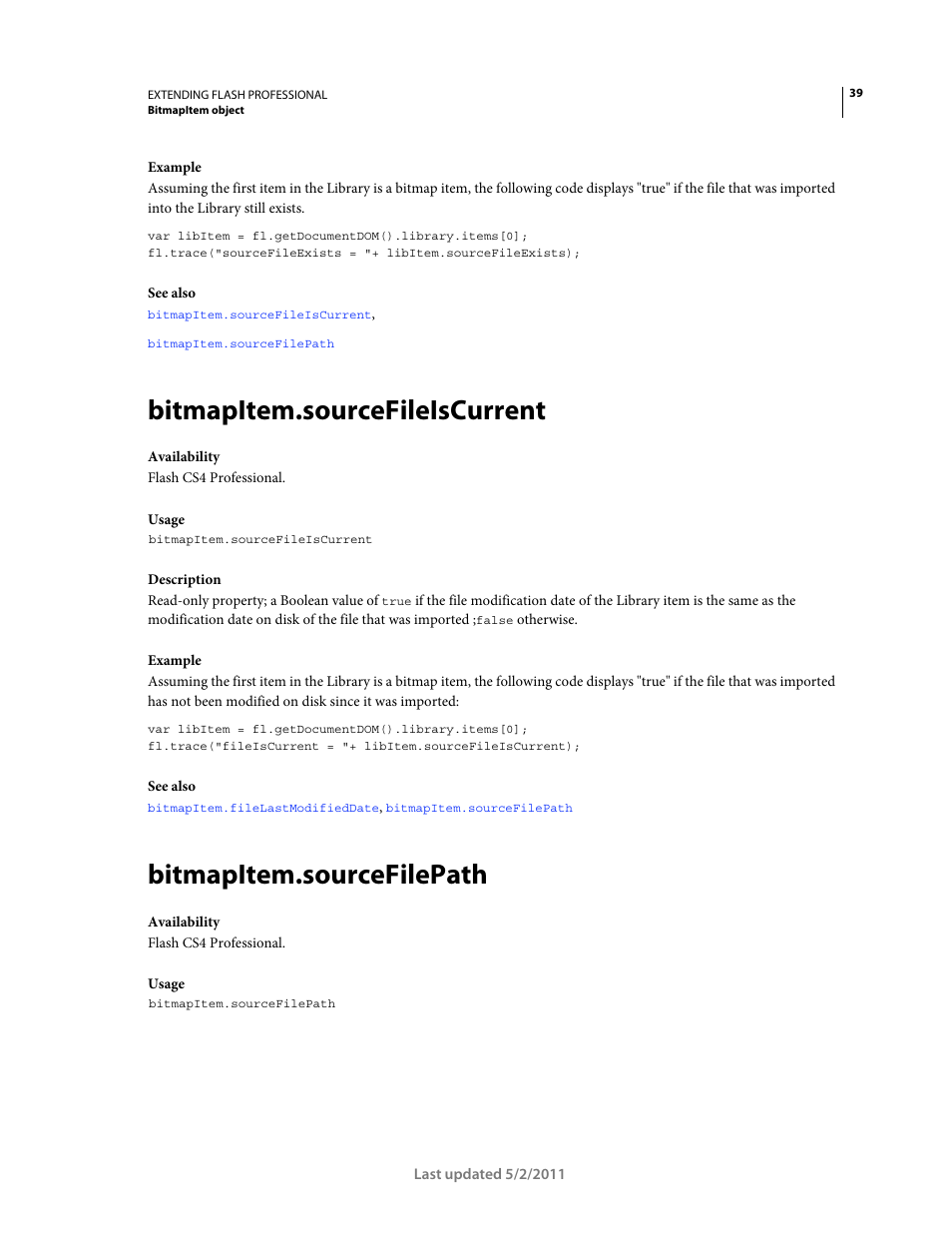 Bitmapitem.sourcefileiscurrent, Bitmapitem.sourcefilepath | Adobe Extending Flash Professional CS5 User Manual | Page 61 / 565