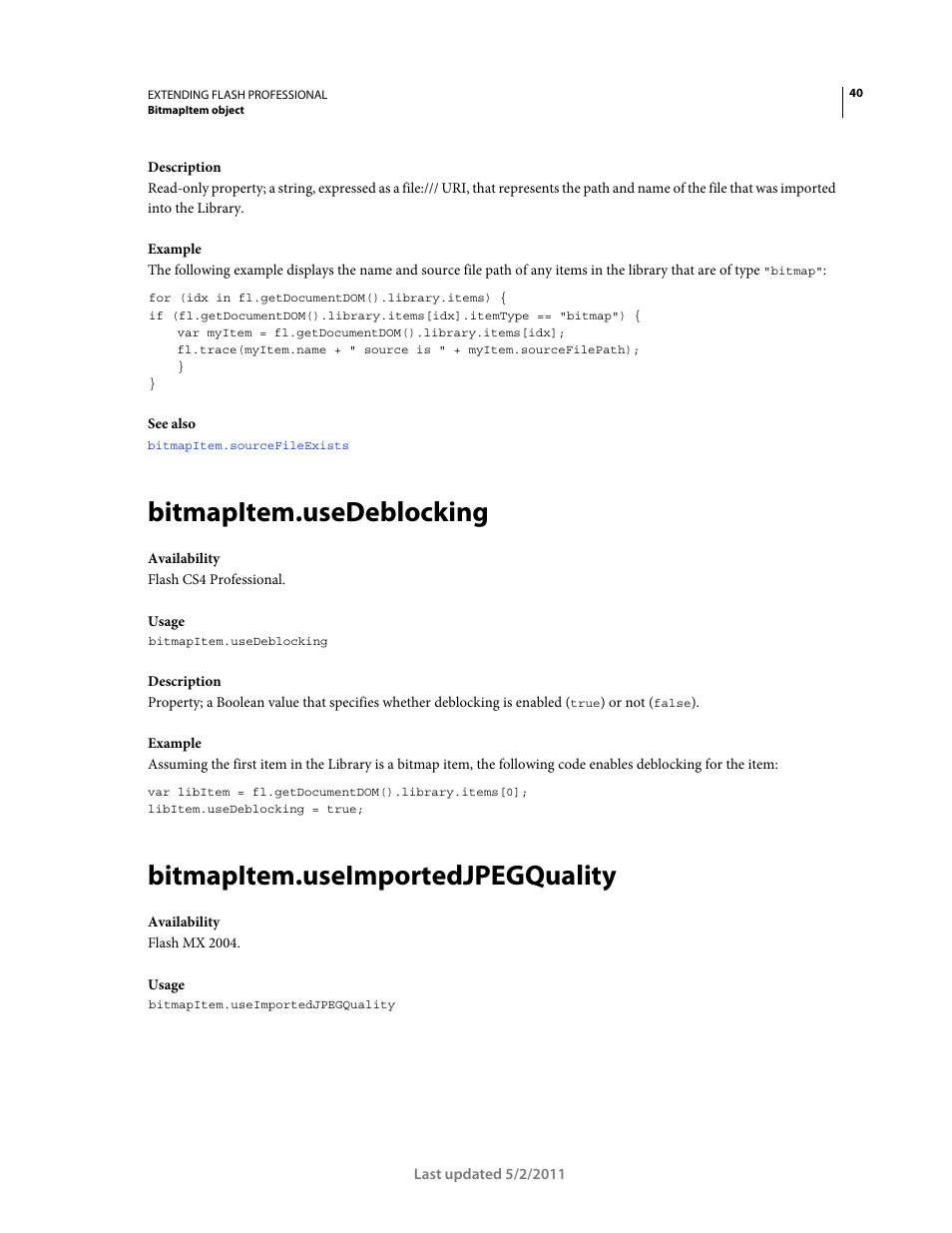 Bitmapitem.usedeblocking, Bitmapitem.useimportedjpegquality | Adobe Extending Flash Professional CS5 User Manual | Page 62 / 565