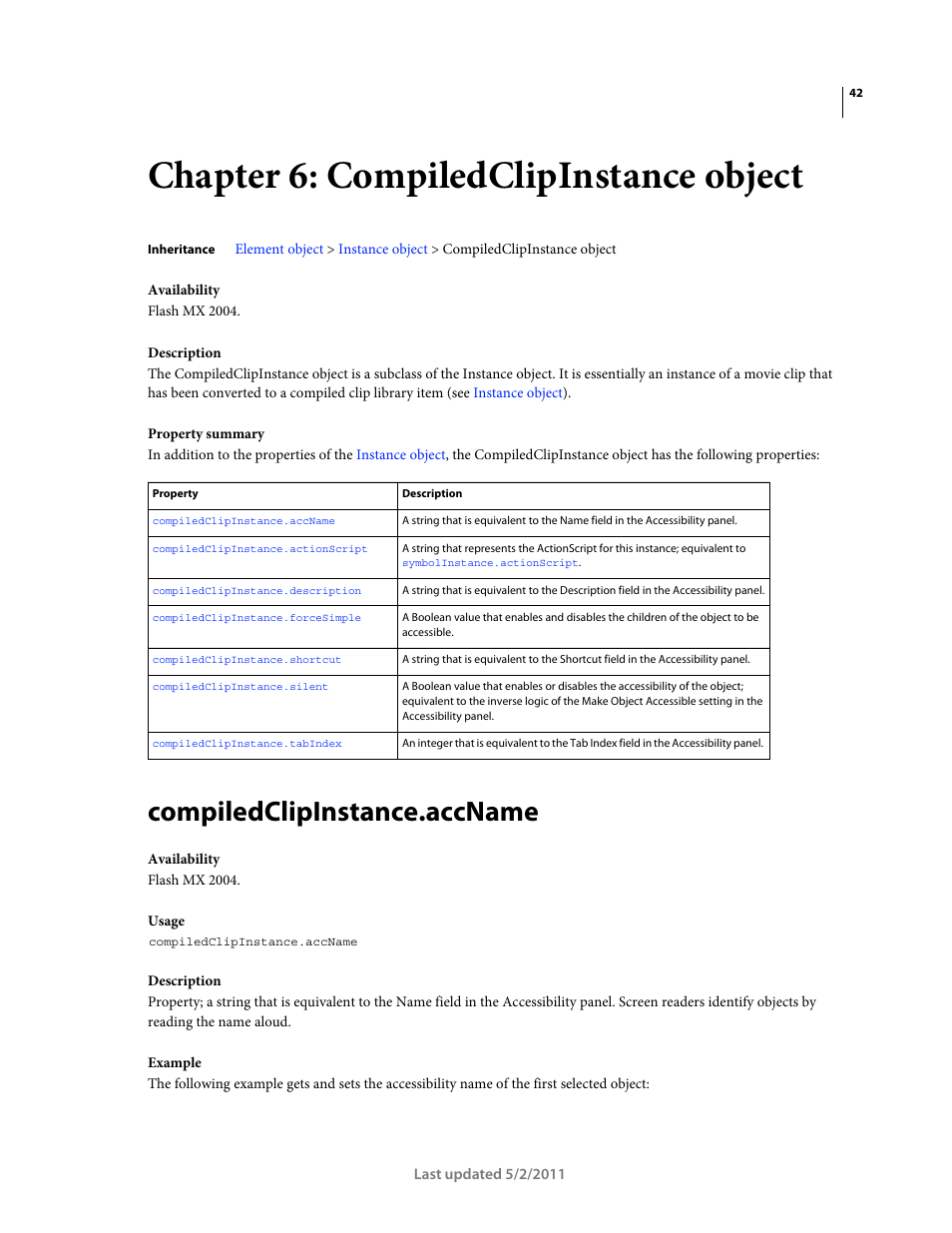 Chapter 6: compiledclipinstance object, Compiledclipinstance.accname | Adobe Extending Flash Professional CS5 User Manual | Page 64 / 565