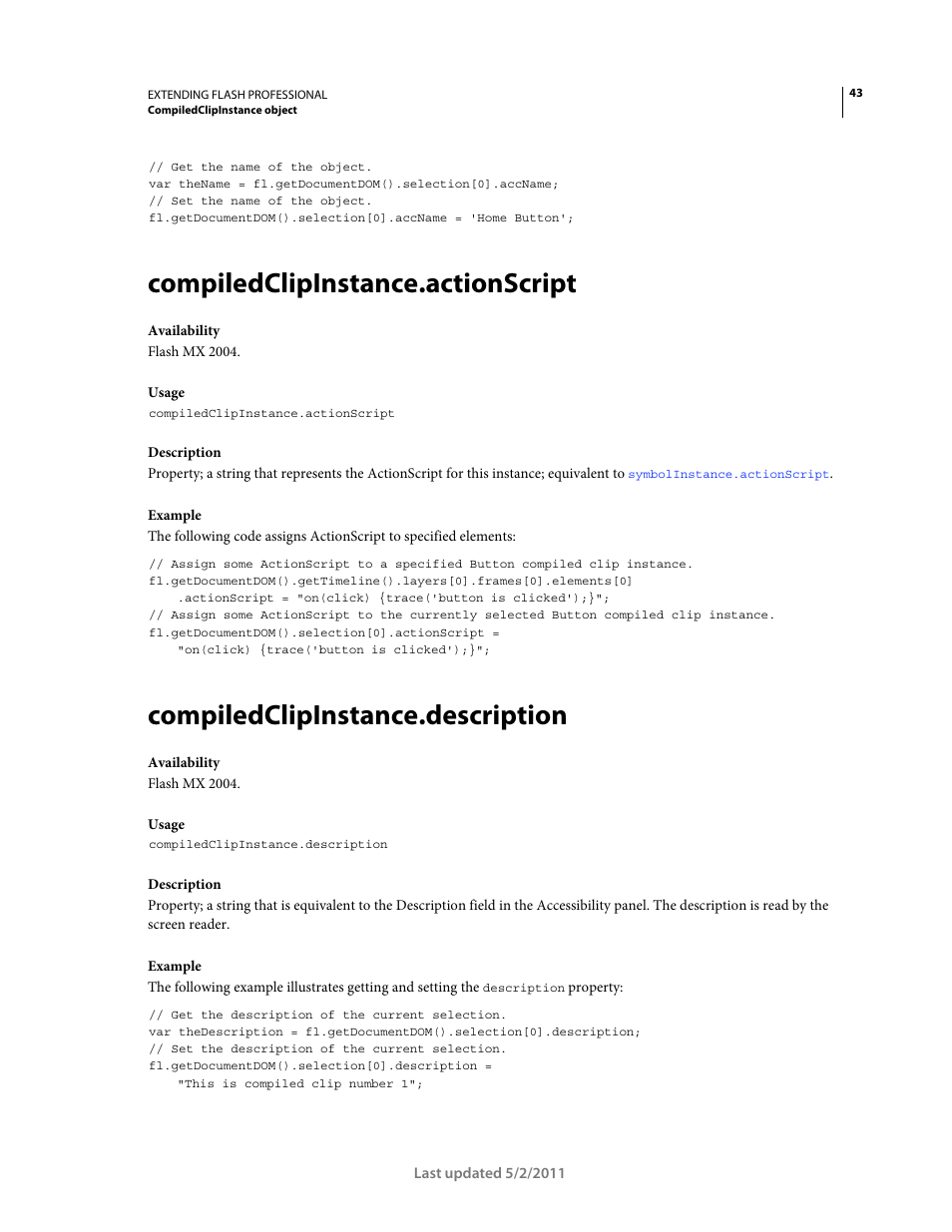 Compiledclipinstance.actionscript, Compiledclipinstance.description | Adobe Extending Flash Professional CS5 User Manual | Page 65 / 565