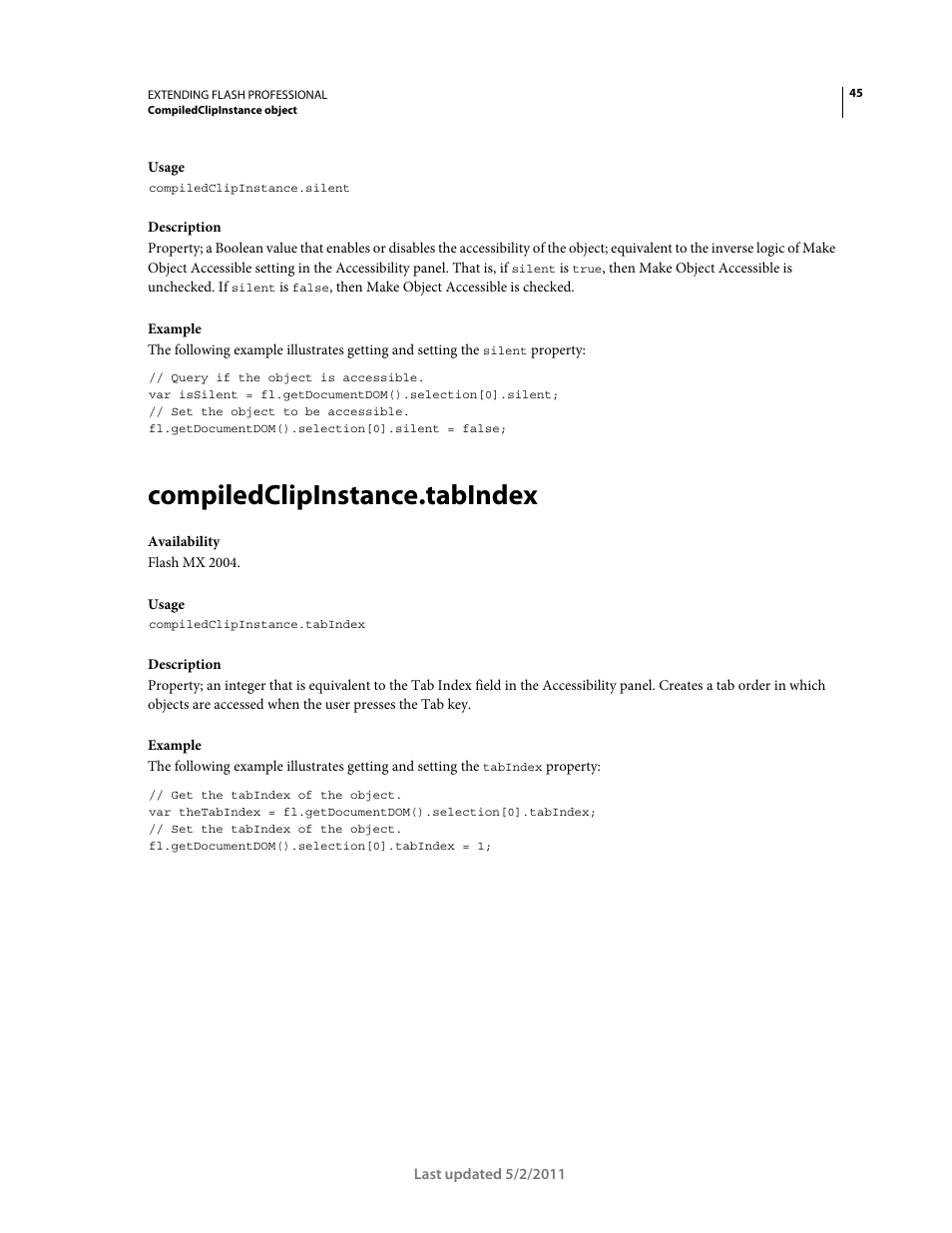 Compiledclipinstance.tabindex | Adobe Extending Flash Professional CS5 User Manual | Page 67 / 565