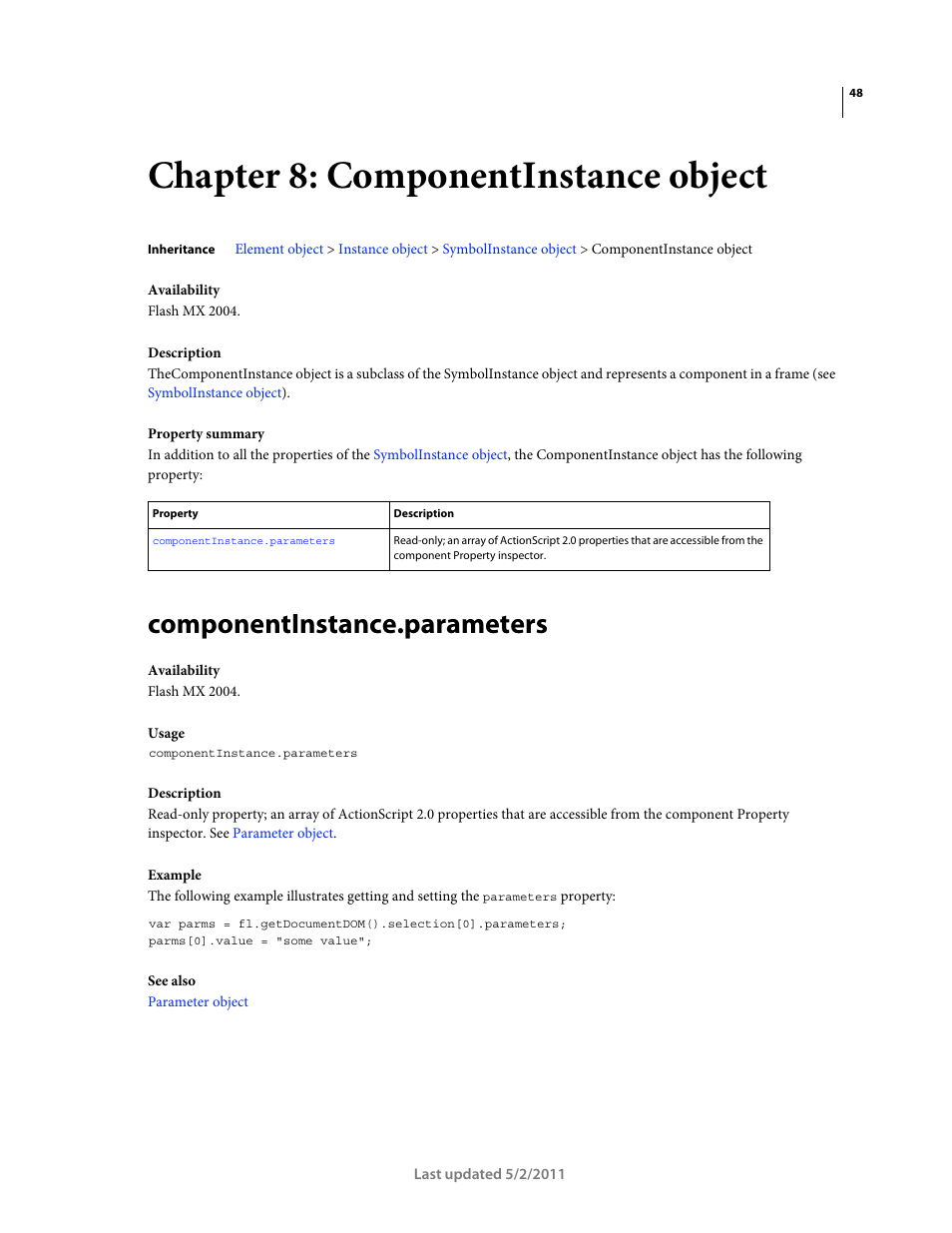 Chapter 8: componentinstance object, Componentinstance.parameters | Adobe Extending Flash Professional CS5 User Manual | Page 70 / 565