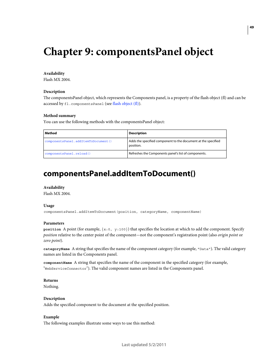 Chapter 9: componentspanel object, Componentspanel.additemtodocument() | Adobe Extending Flash Professional CS5 User Manual | Page 71 / 565