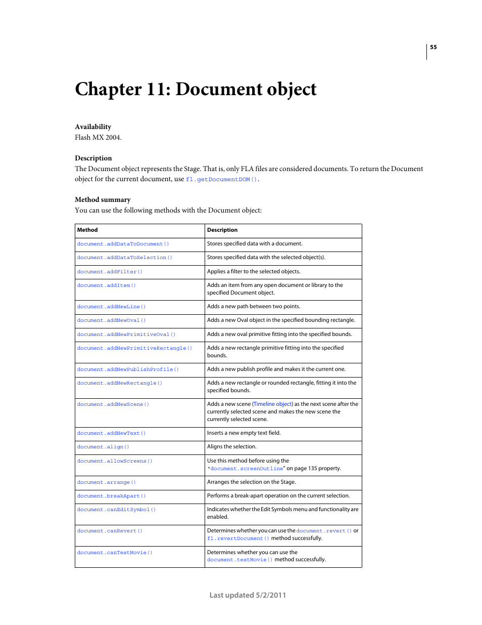 Chapter 11: document object, Document object | Adobe Extending Flash Professional CS5 User Manual | Page 77 / 565