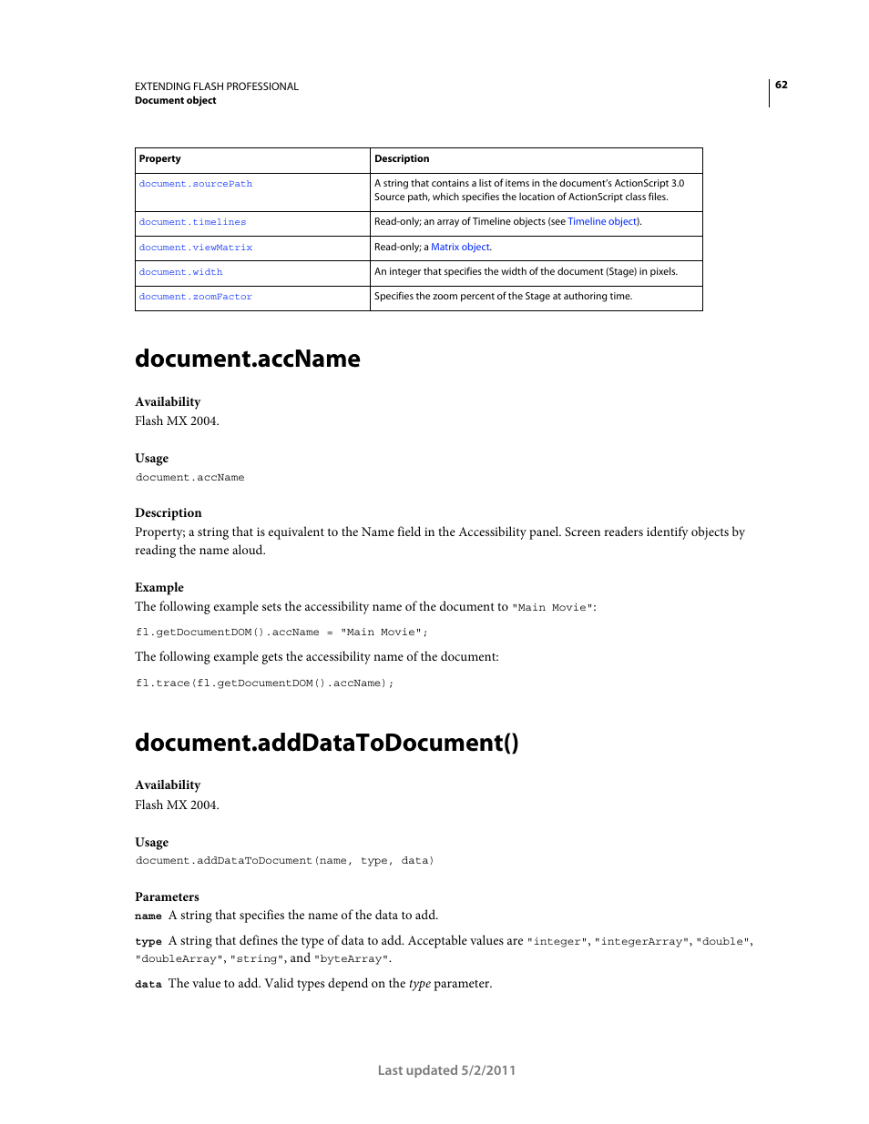 Document.accname, Document.adddatatodocument() | Adobe Extending Flash Professional CS5 User Manual | Page 84 / 565