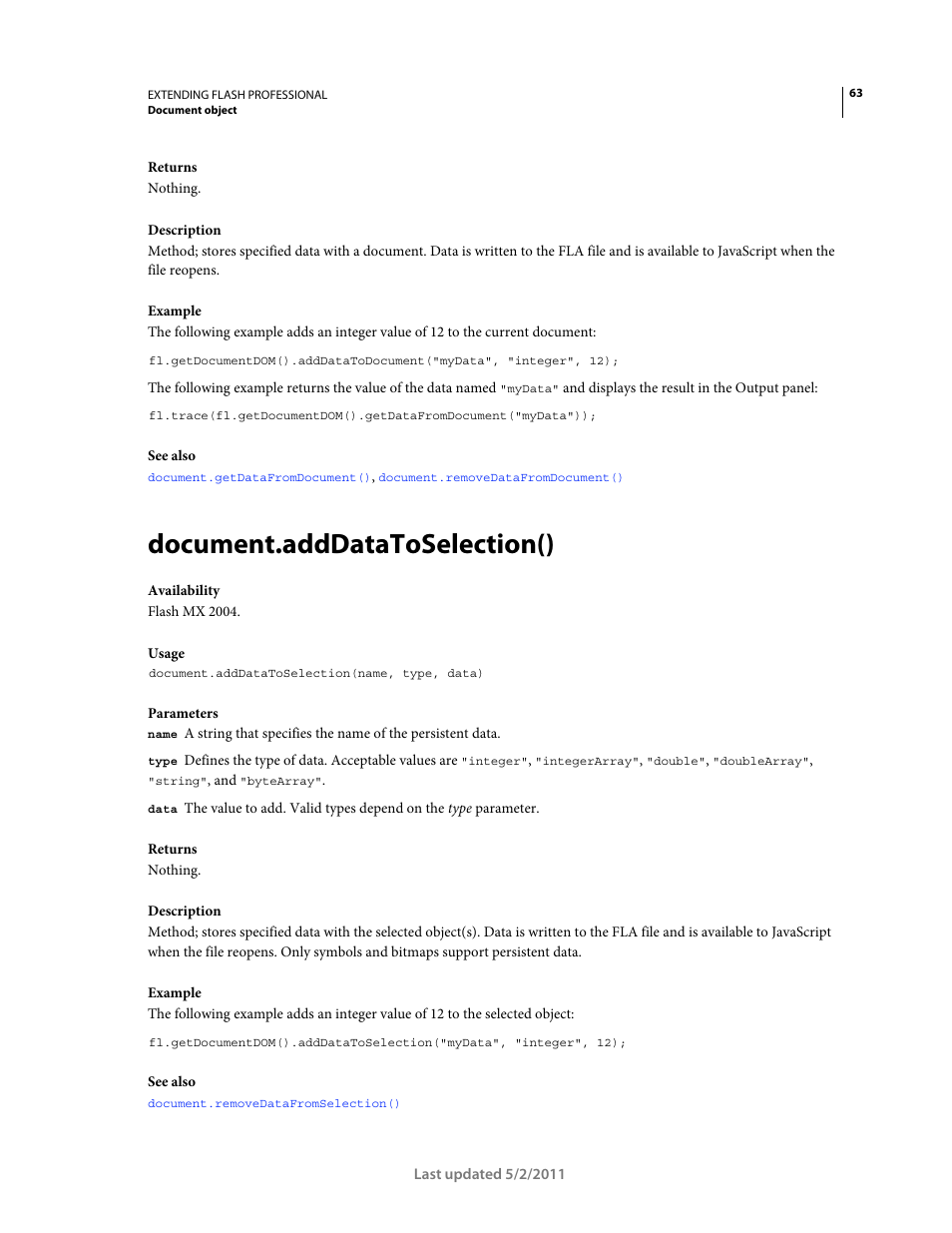 Document.adddatatoselection() | Adobe Extending Flash Professional CS5 User Manual | Page 85 / 565