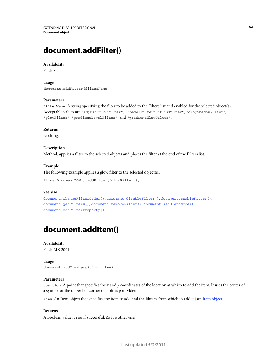 Document.addfilter(), Document.additem() | Adobe Extending Flash Professional CS5 User Manual | Page 86 / 565