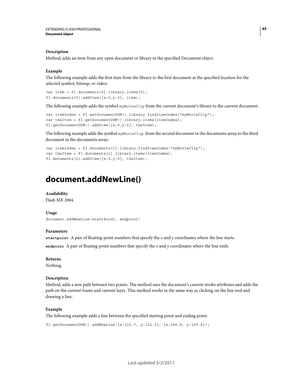 Document.addnewline() | Adobe Extending Flash Professional CS5 User Manual | Page 87 / 565