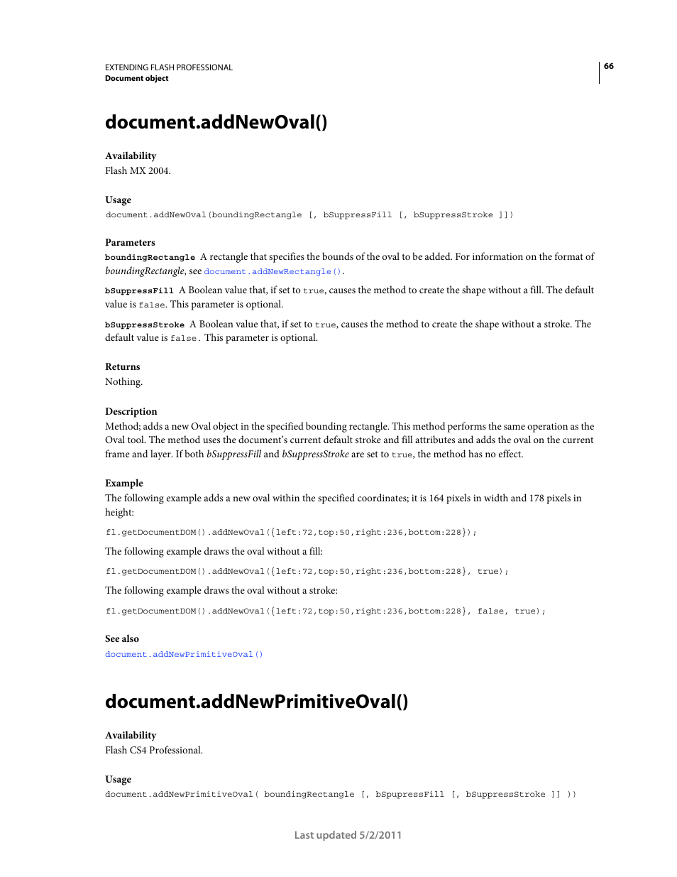 Document.addnewoval(), Document.addnewprimitiveoval() | Adobe Extending Flash Professional CS5 User Manual | Page 88 / 565