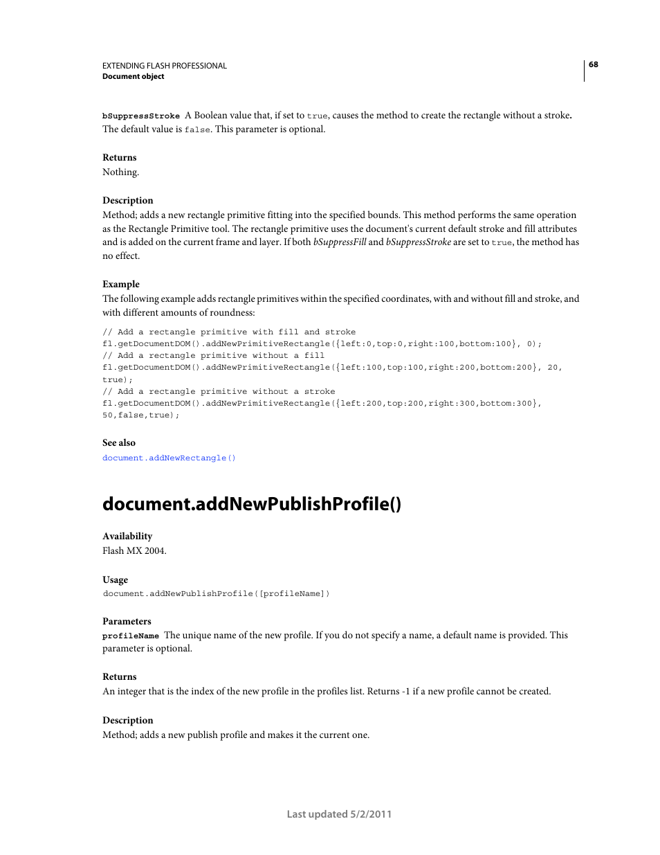 Document.addnewpublishprofile() | Adobe Extending Flash Professional CS5 User Manual | Page 90 / 565