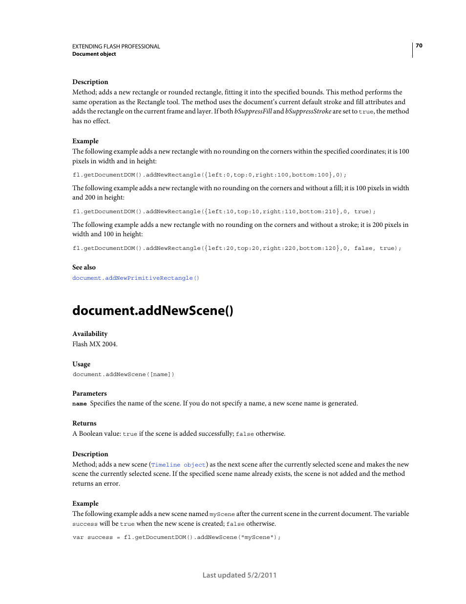 Document.addnewscene() | Adobe Extending Flash Professional CS5 User Manual | Page 92 / 565