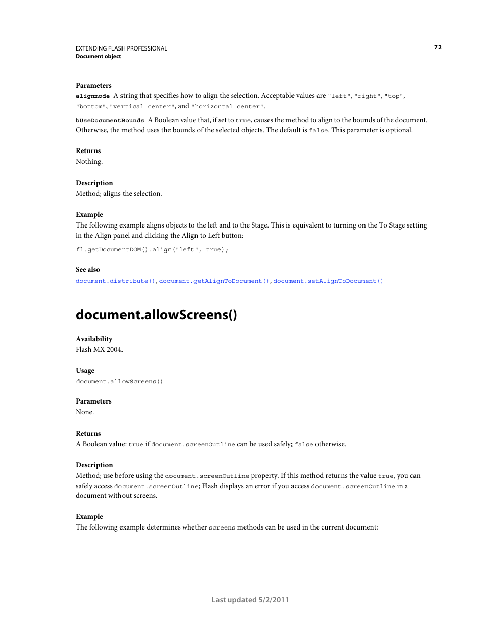 Document.allowscreens() | Adobe Extending Flash Professional CS5 User Manual | Page 94 / 565