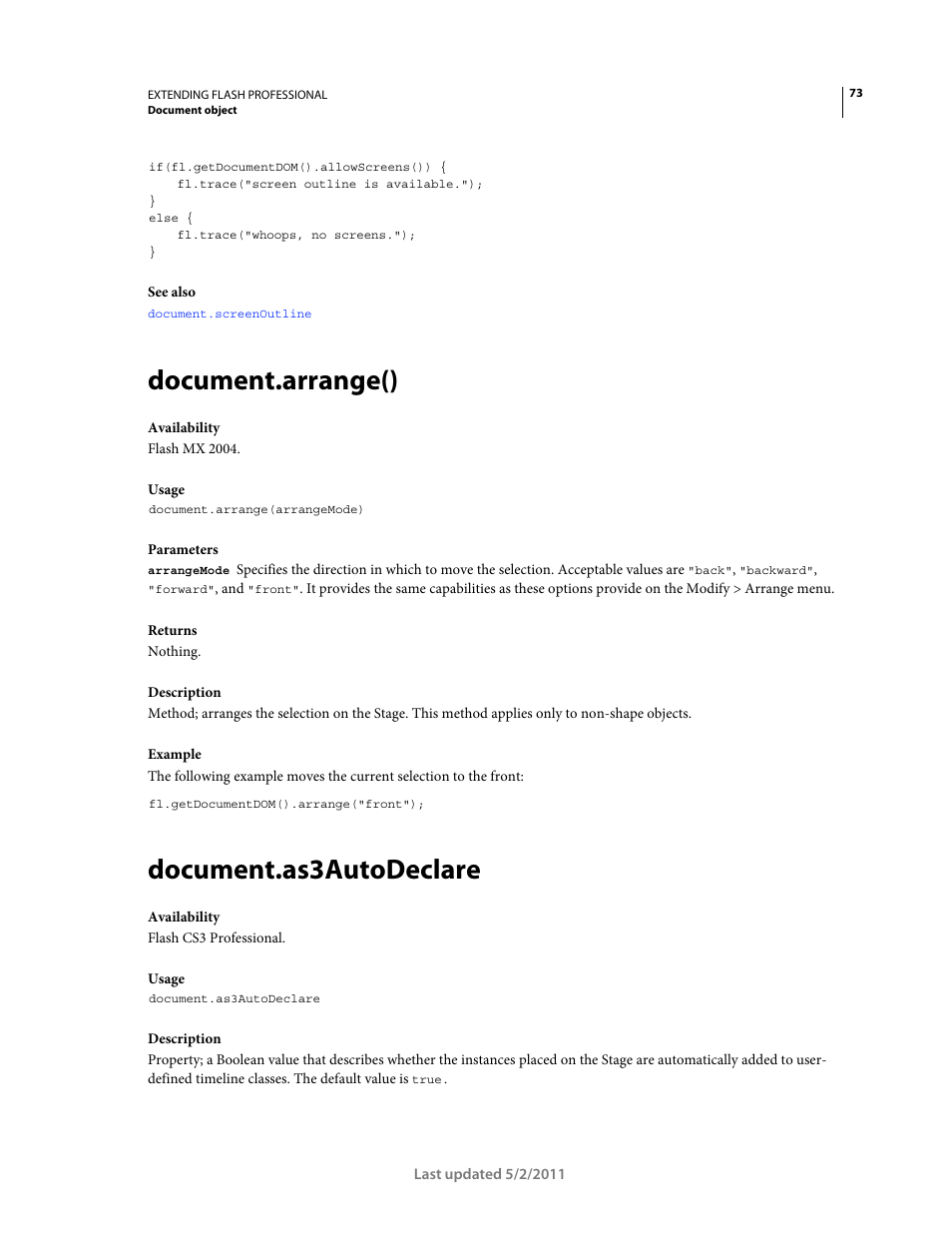 Document.arrange(), Document.as3autodeclare | Adobe Extending Flash Professional CS5 User Manual | Page 95 / 565