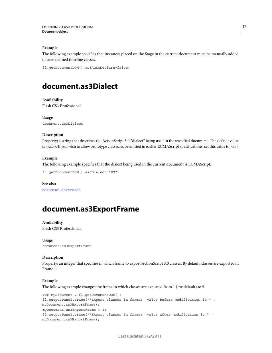 Document.as3dialect, Document.as3exportframe | Adobe Extending Flash Professional CS5 User Manual | Page 96 / 565