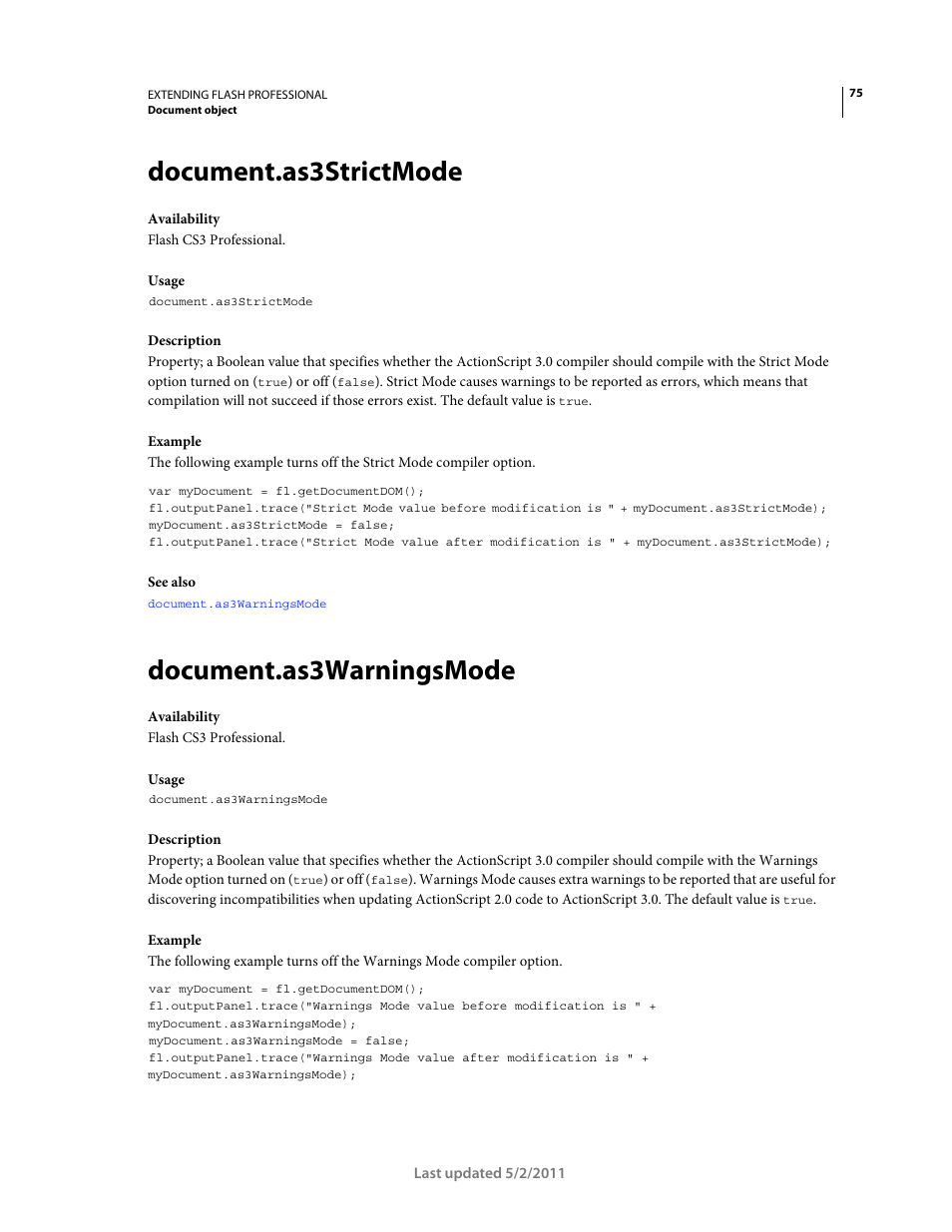 Document.as3strictmode, Document.as3warningsmode | Adobe Extending Flash Professional CS5 User Manual | Page 97 / 565