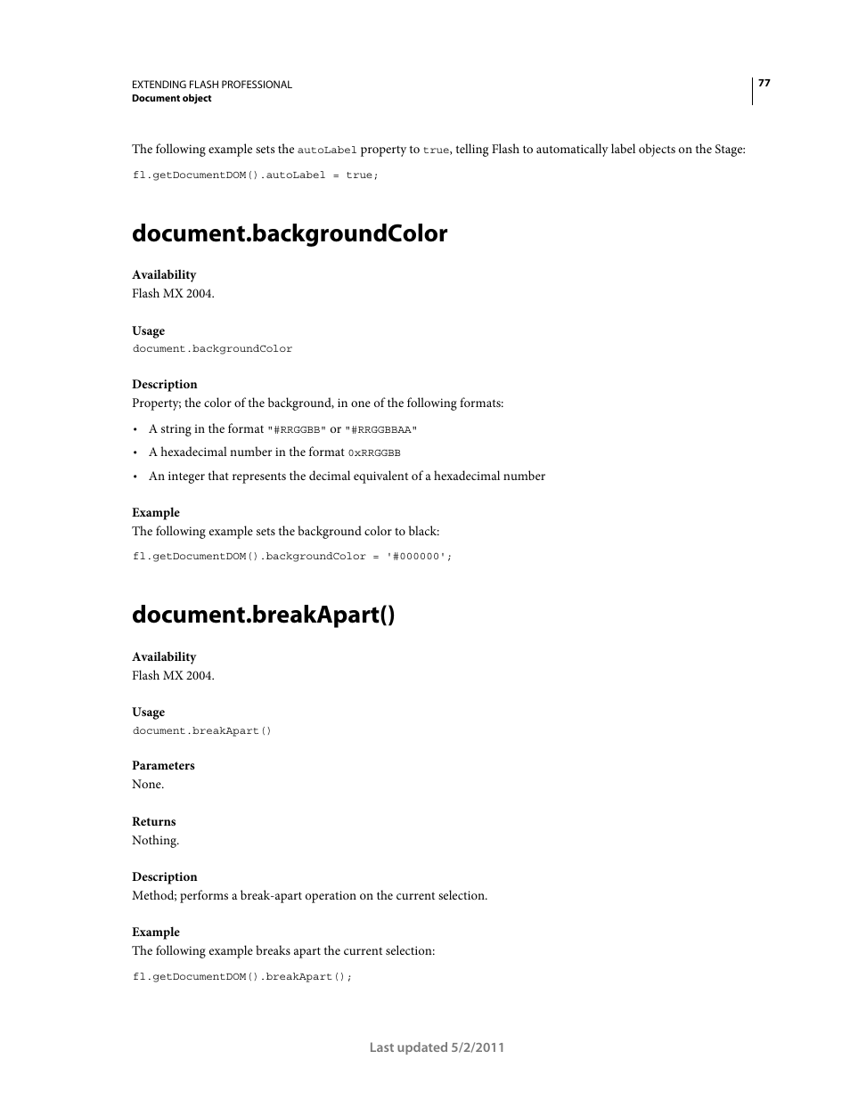 Document.backgroundcolor, Document.breakapart() | Adobe Extending Flash Professional CS5 User Manual | Page 99 / 565