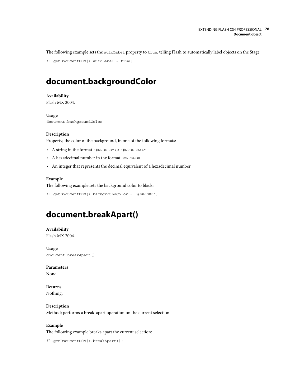 Document.backgroundcolor, Document.breakapart() | Adobe Extending Flash Professional CS4 User Manual | Page 100 / 560