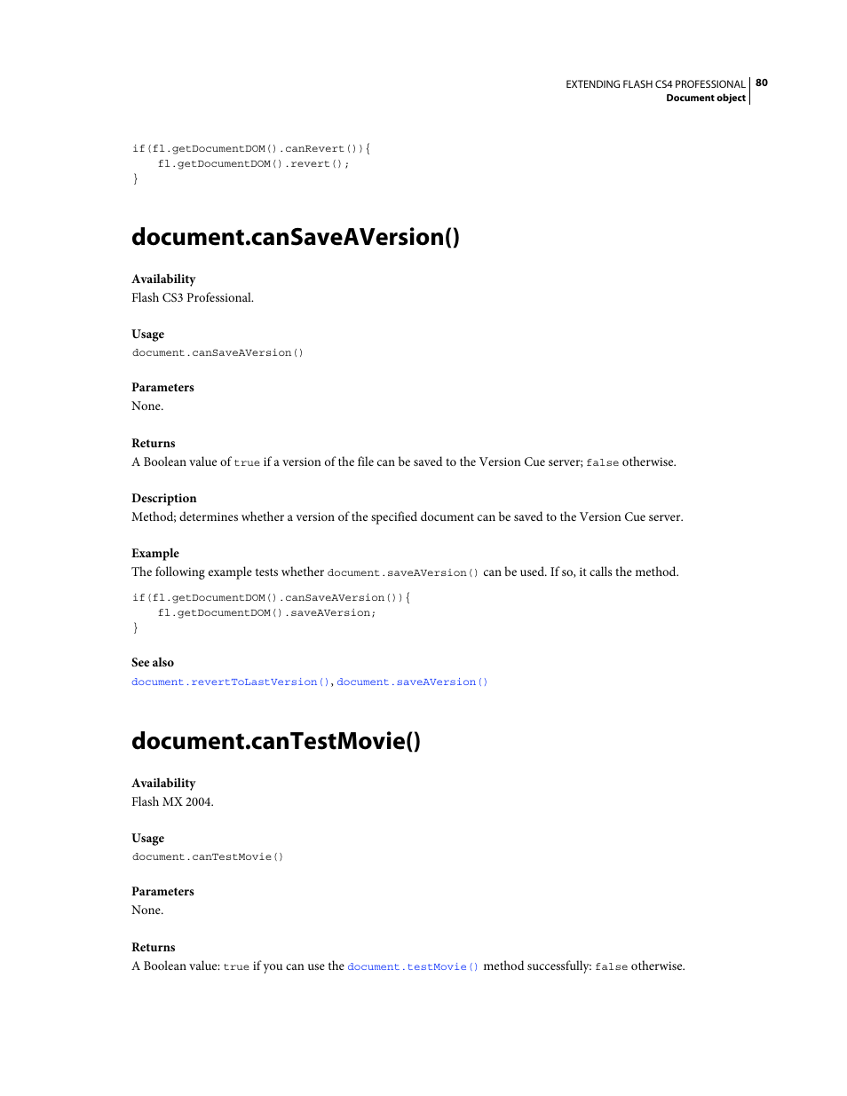 Document.cansaveaversion(), Document.cantestmovie() | Adobe Extending Flash Professional CS4 User Manual | Page 102 / 560