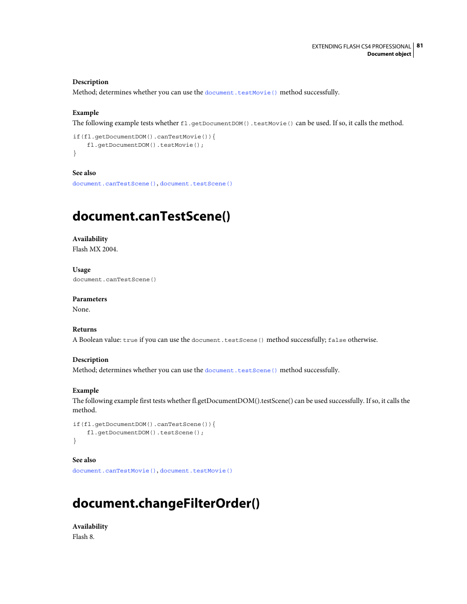 Document.cantestscene(), Document.changefilterorder() | Adobe Extending Flash Professional CS4 User Manual | Page 103 / 560