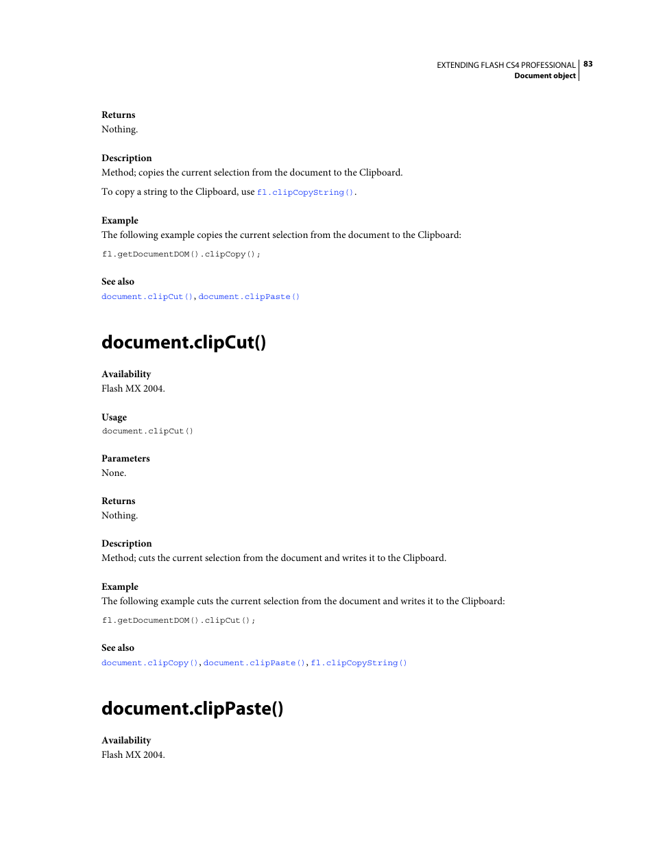 Document.clipcut(), Document.clippaste() | Adobe Extending Flash Professional CS4 User Manual | Page 105 / 560