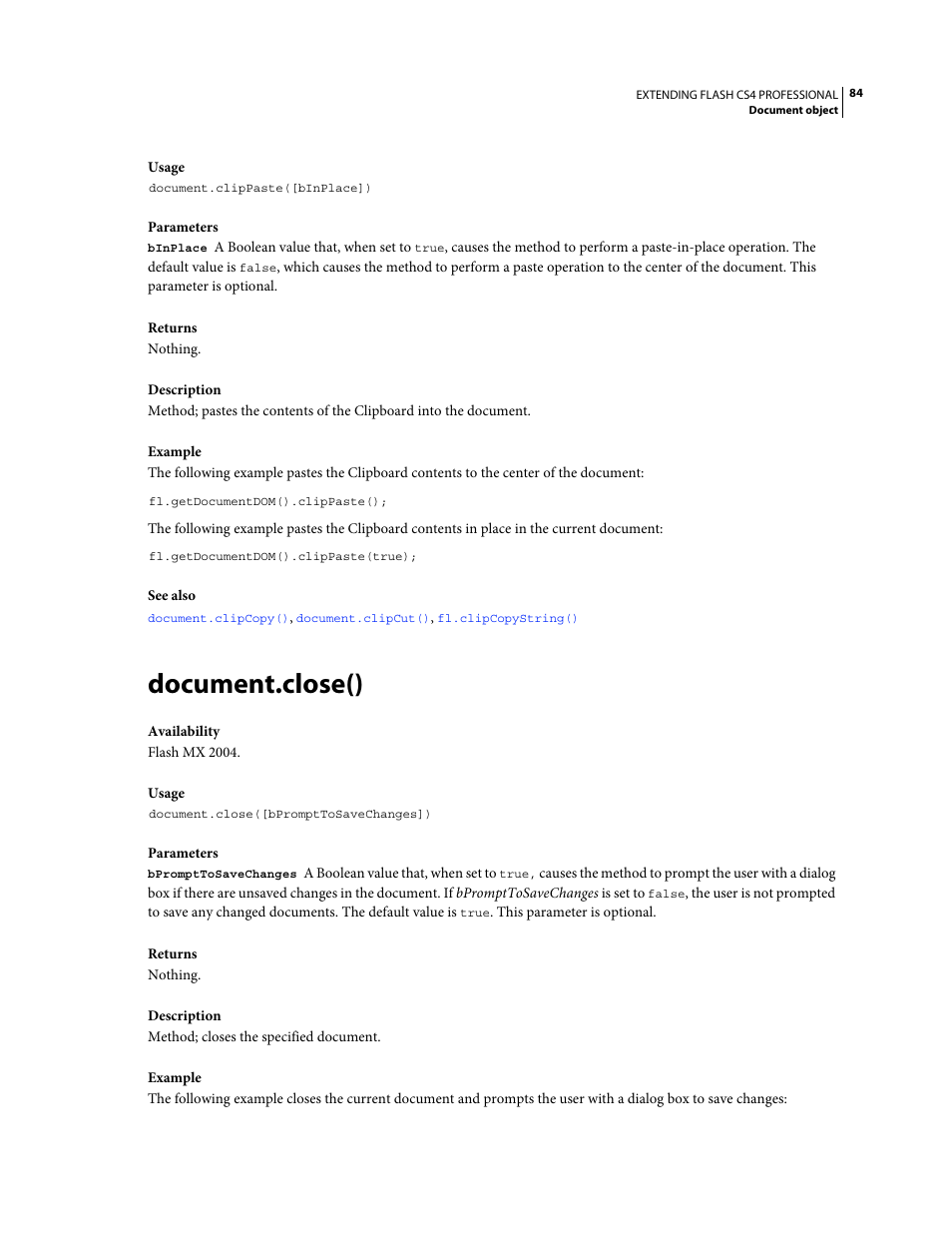 Document.close() | Adobe Extending Flash Professional CS4 User Manual | Page 106 / 560