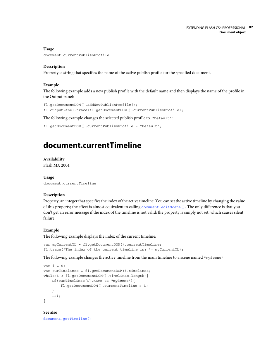 Document.currenttimeline | Adobe Extending Flash Professional CS4 User Manual | Page 109 / 560