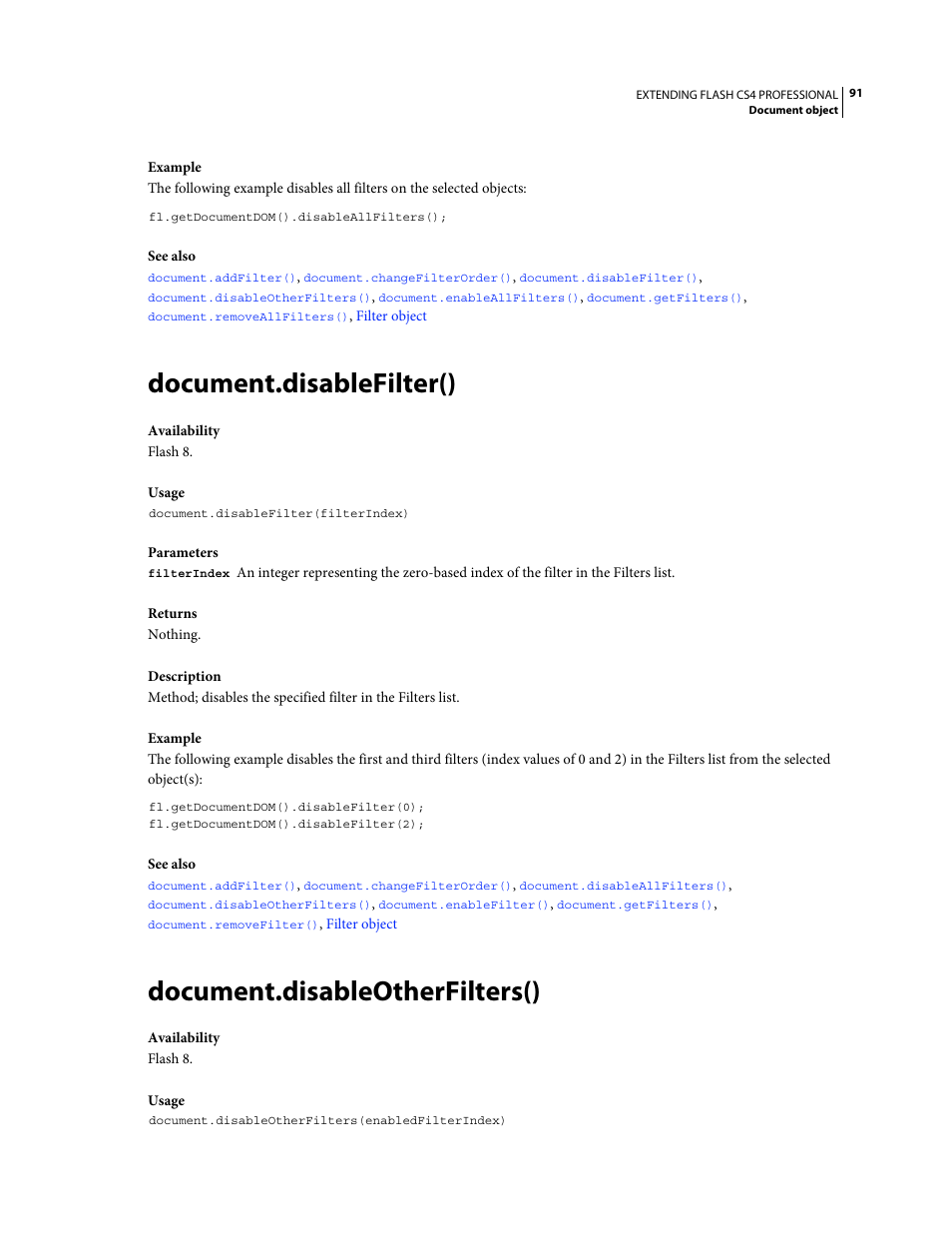 Document.disablefilter(), Document.disableotherfilters() | Adobe Extending Flash Professional CS4 User Manual | Page 113 / 560