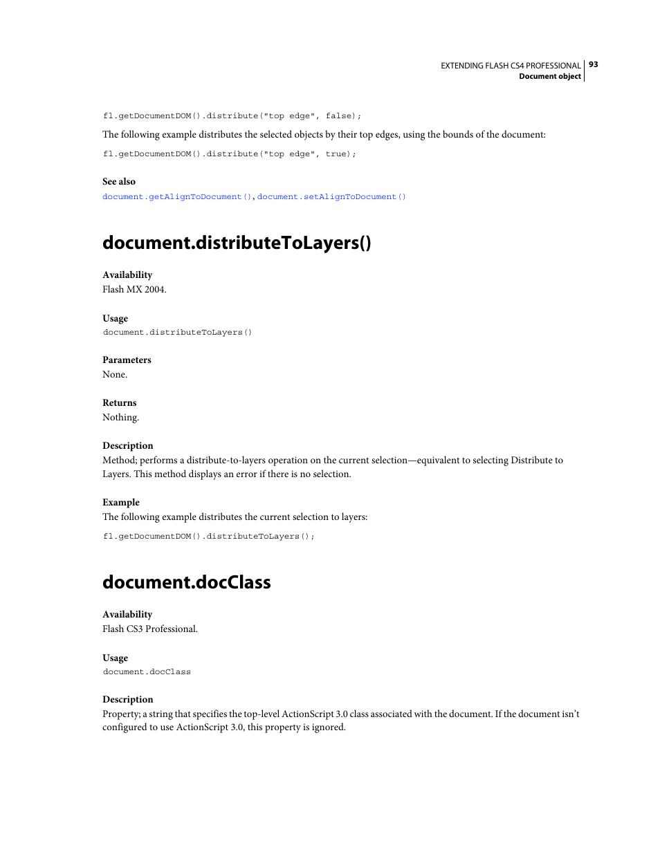 Document.distributetolayers(), Document.docclass | Adobe Extending Flash Professional CS4 User Manual | Page 115 / 560