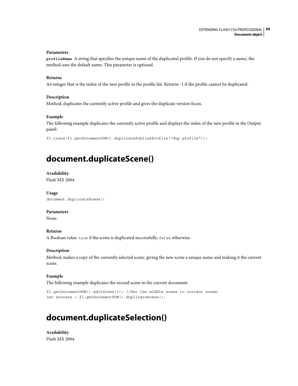 Document.duplicatescene(), Document.duplicateselection() | Adobe Extending Flash Professional CS4 User Manual | Page 117 / 560