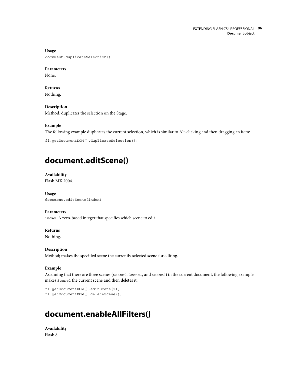 Document.editscene(), Document.enableallfilters() | Adobe Extending Flash Professional CS4 User Manual | Page 118 / 560