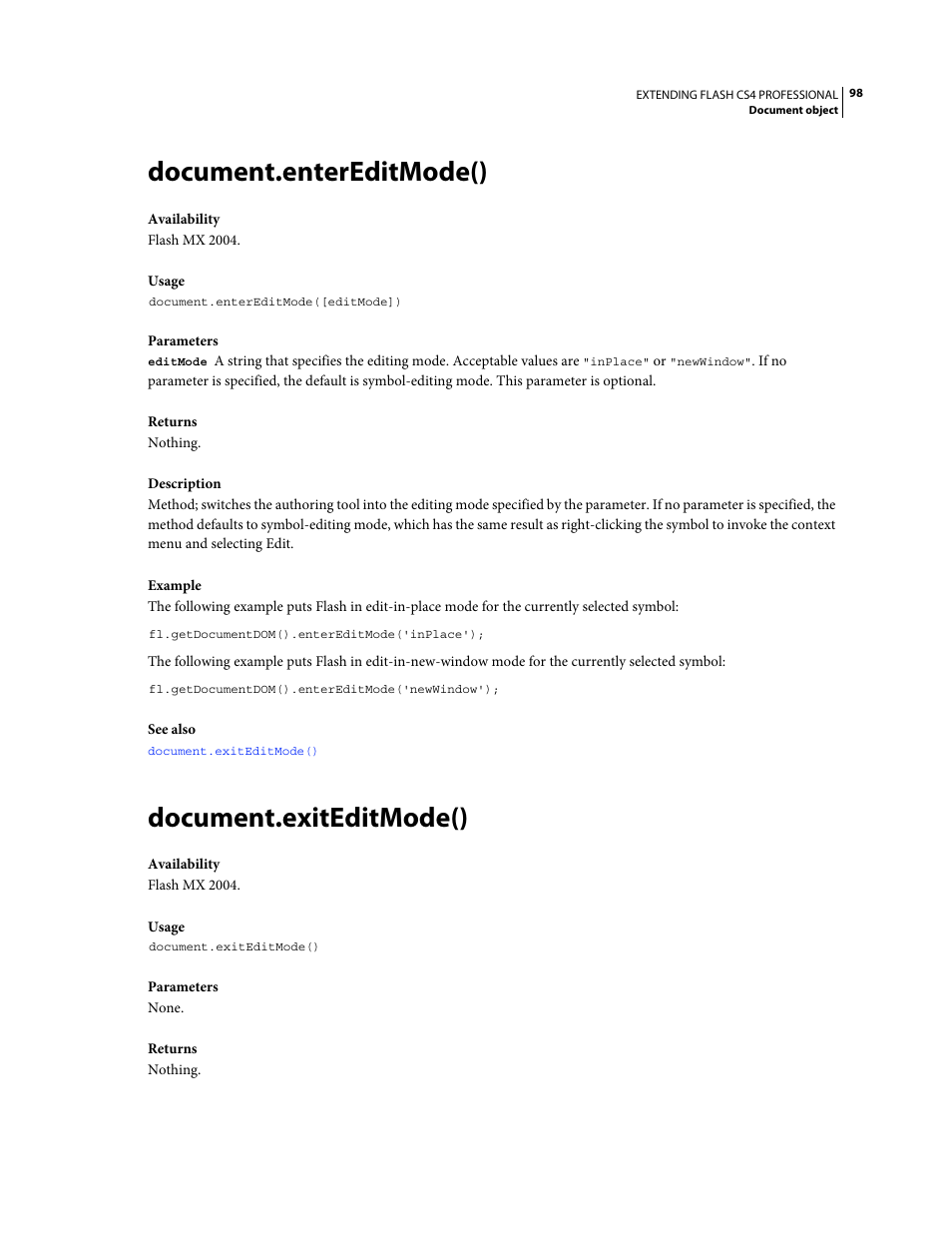 Document.entereditmode(), Document.exiteditmode() | Adobe Extending Flash Professional CS4 User Manual | Page 120 / 560