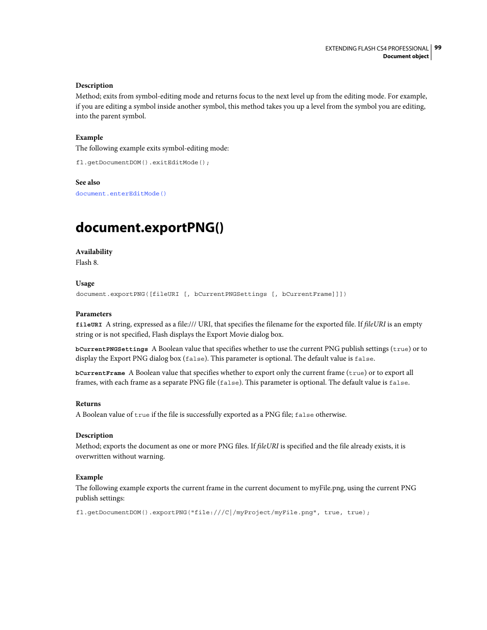 Document.exportpng() | Adobe Extending Flash Professional CS4 User Manual | Page 121 / 560