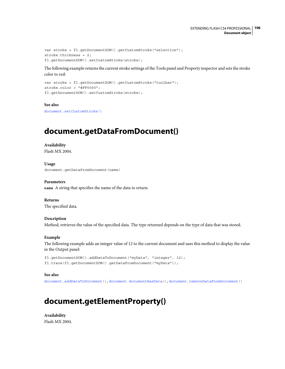 Document.getdatafromdocument(), Document.getelementproperty() | Adobe Extending Flash Professional CS4 User Manual | Page 128 / 560