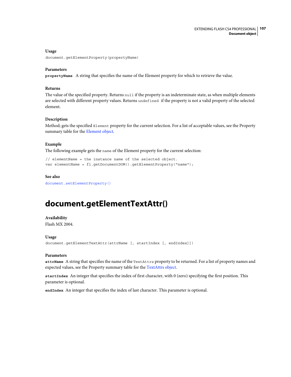 Document.getelementtextattr() | Adobe Extending Flash Professional CS4 User Manual | Page 129 / 560