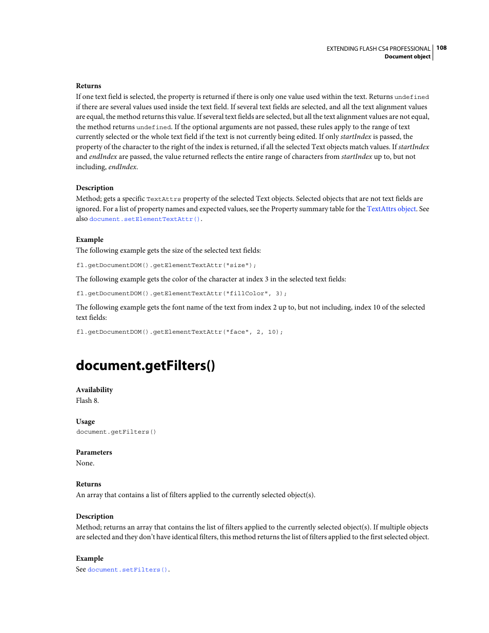 Document.getfilters() | Adobe Extending Flash Professional CS4 User Manual | Page 130 / 560