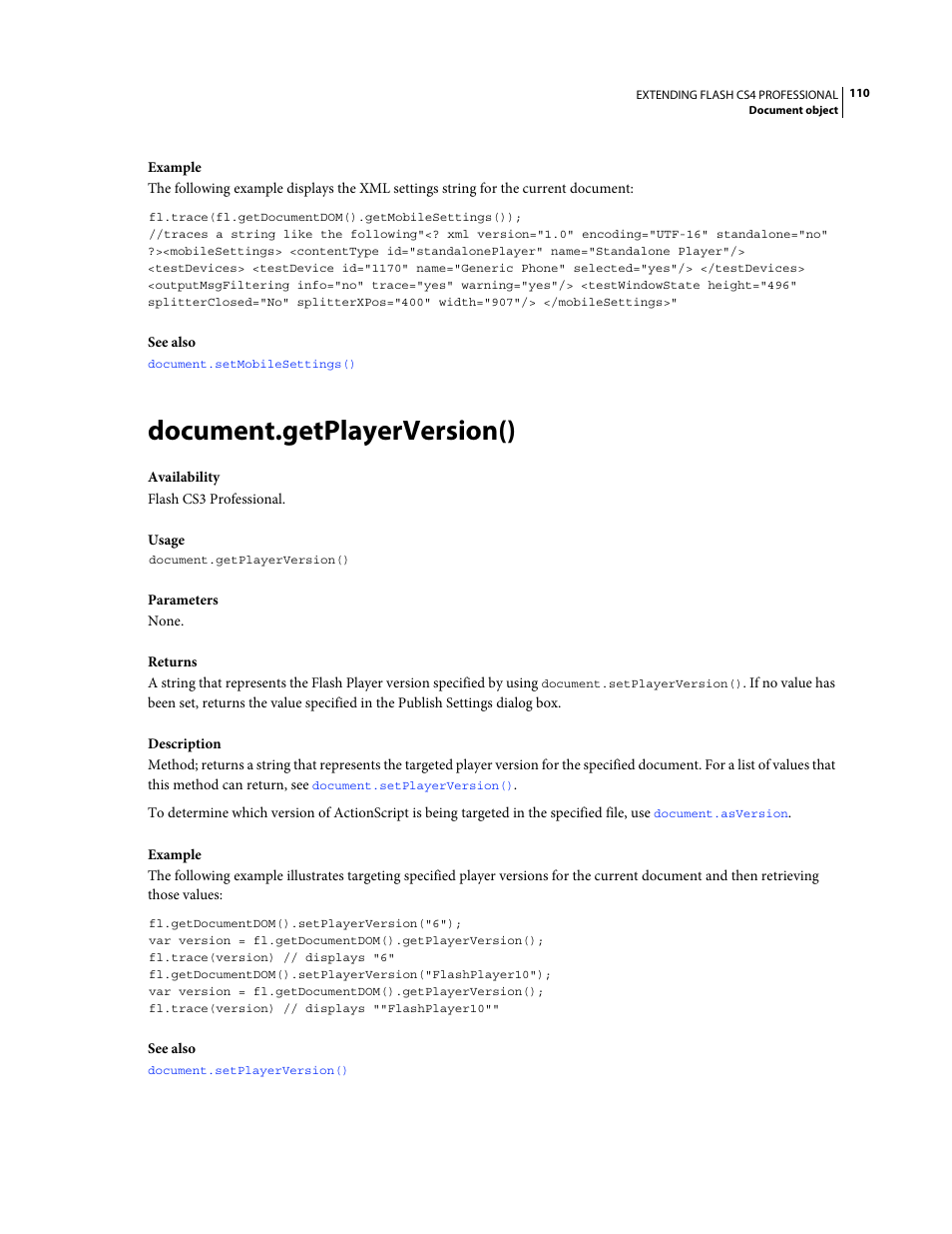 Document.getplayerversion(), This | Adobe Extending Flash Professional CS4 User Manual | Page 132 / 560