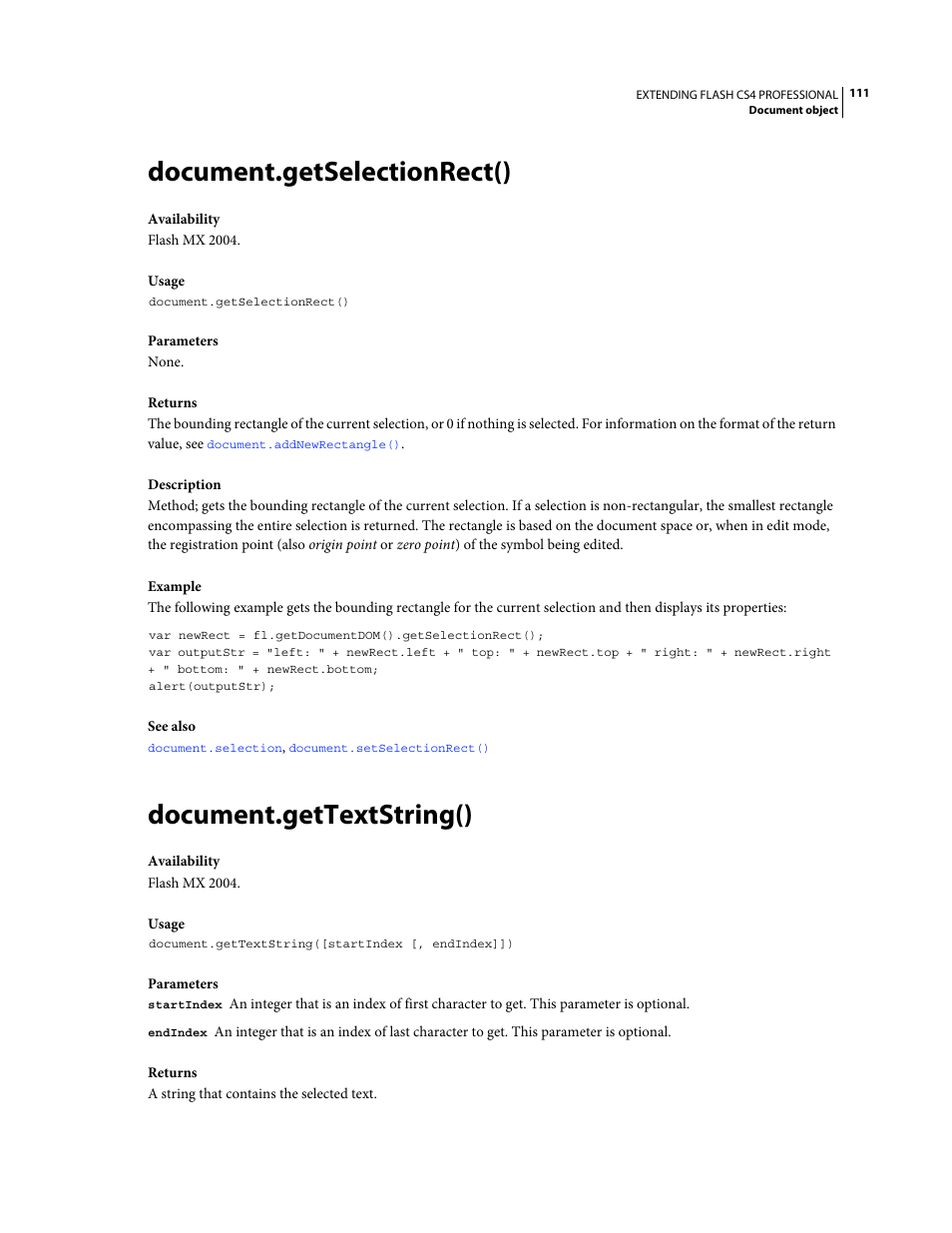 Document.getselectionrect(), Document.gettextstring() | Adobe Extending Flash Professional CS4 User Manual | Page 133 / 560