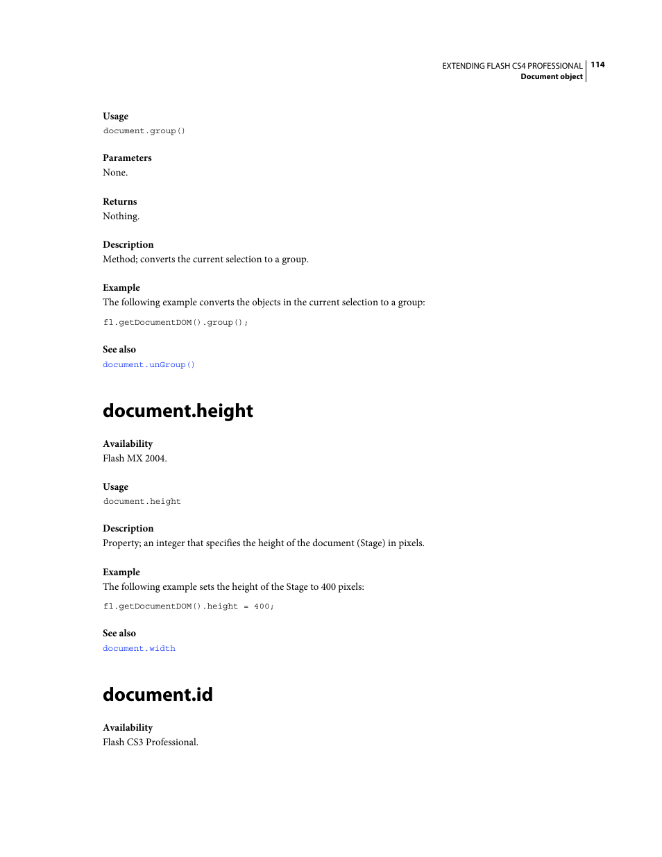 Document.height, Document.id | Adobe Extending Flash Professional CS4 User Manual | Page 136 / 560