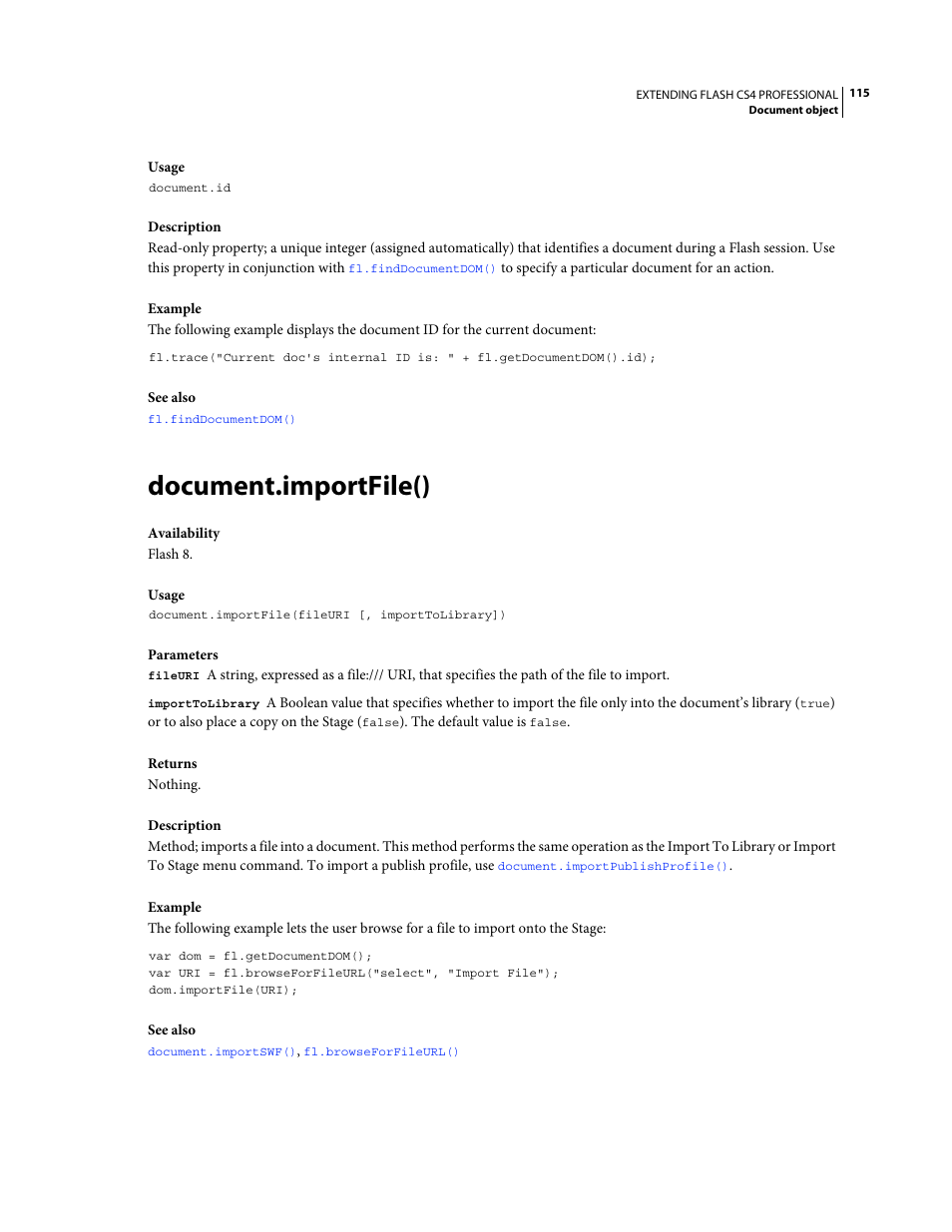 Document.importfile() | Adobe Extending Flash Professional CS4 User Manual | Page 137 / 560