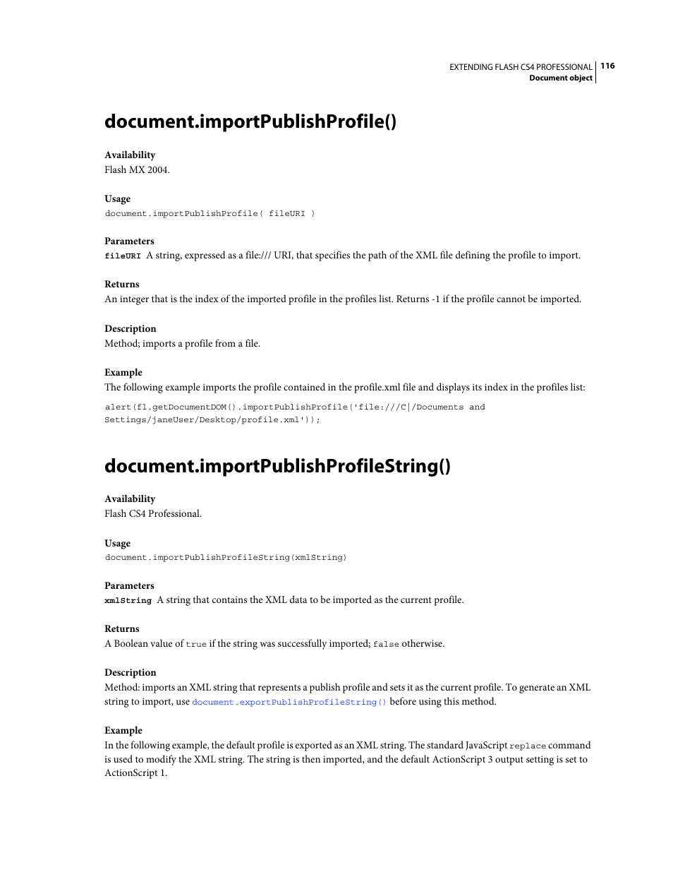 Document.importpublishprofile(), Document.importpublishprofilestring() | Adobe Extending Flash Professional CS4 User Manual | Page 138 / 560