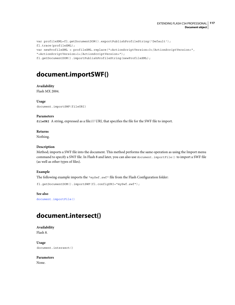 Document.importswf(), Document.intersect() | Adobe Extending Flash Professional CS4 User Manual | Page 139 / 560