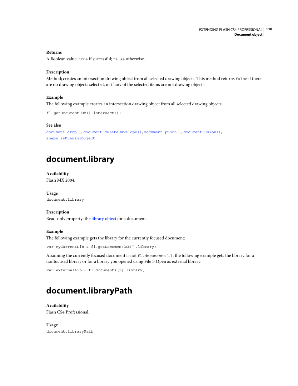 Document.library, Document.librarypath, For more information, see | Adobe Extending Flash Professional CS4 User Manual | Page 140 / 560