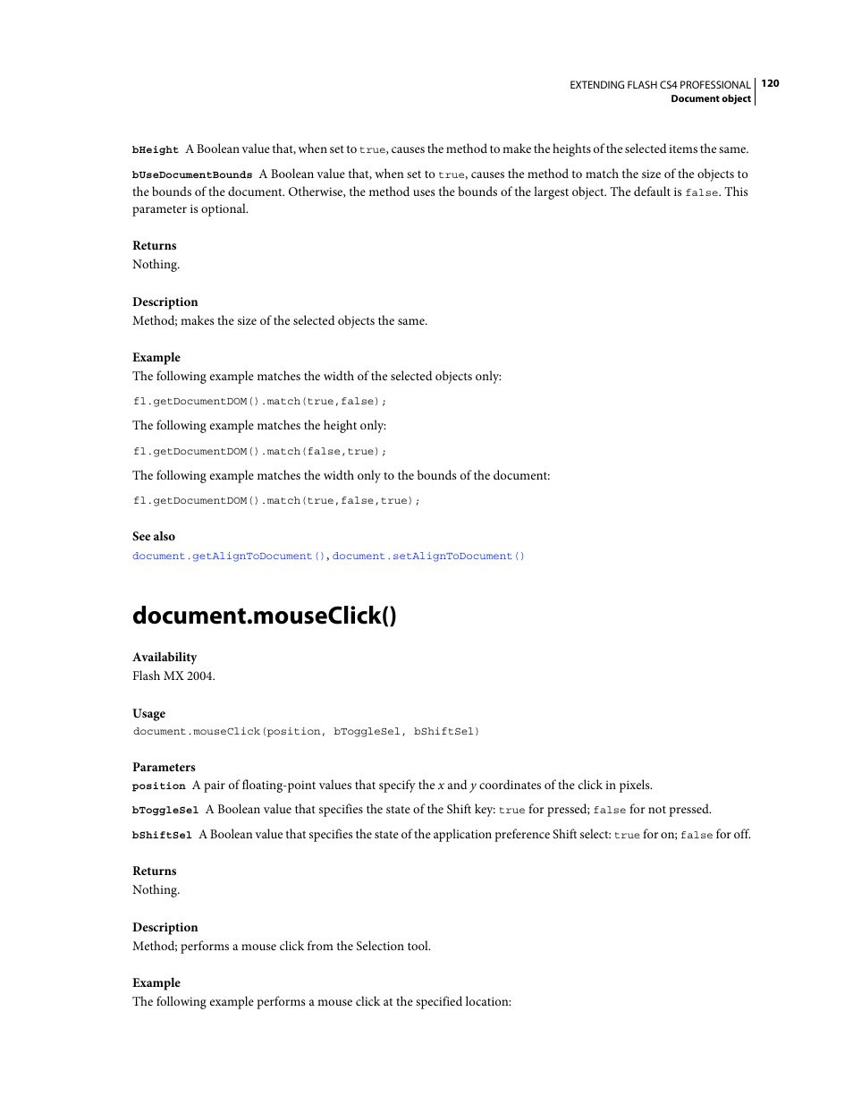 Document.mouseclick() | Adobe Extending Flash Professional CS4 User Manual | Page 142 / 560