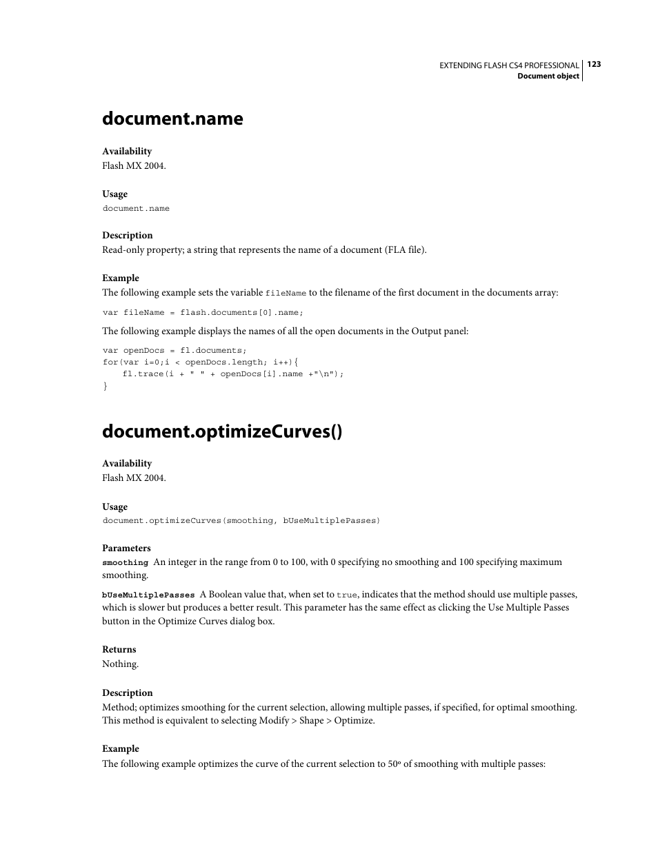 Document.name, Document.optimizecurves() | Adobe Extending Flash Professional CS4 User Manual | Page 145 / 560