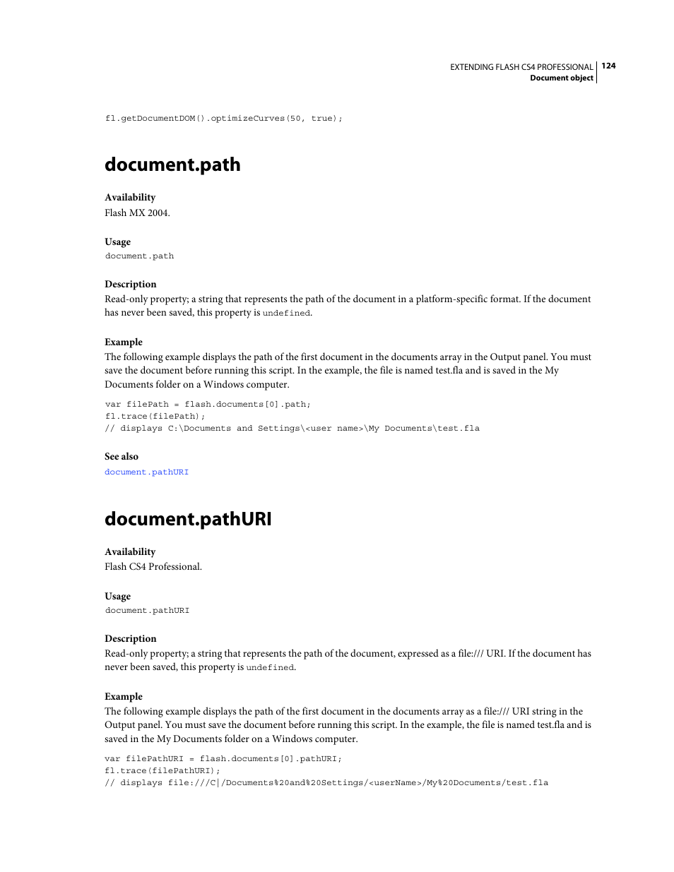 Document.path, Document.pathuri | Adobe Extending Flash Professional CS4 User Manual | Page 146 / 560