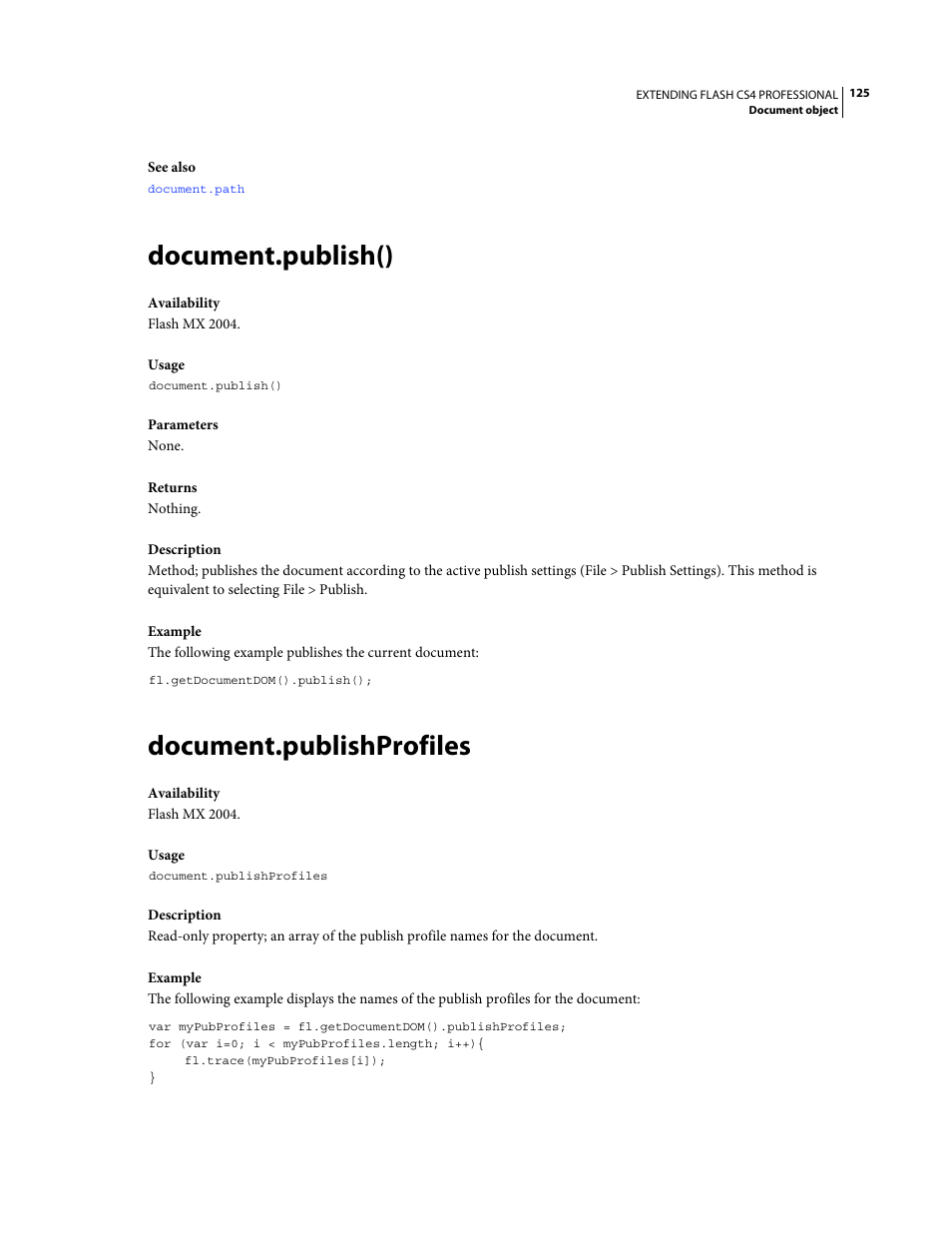 Document.publish(), Document.publishprofiles | Adobe Extending Flash Professional CS4 User Manual | Page 147 / 560