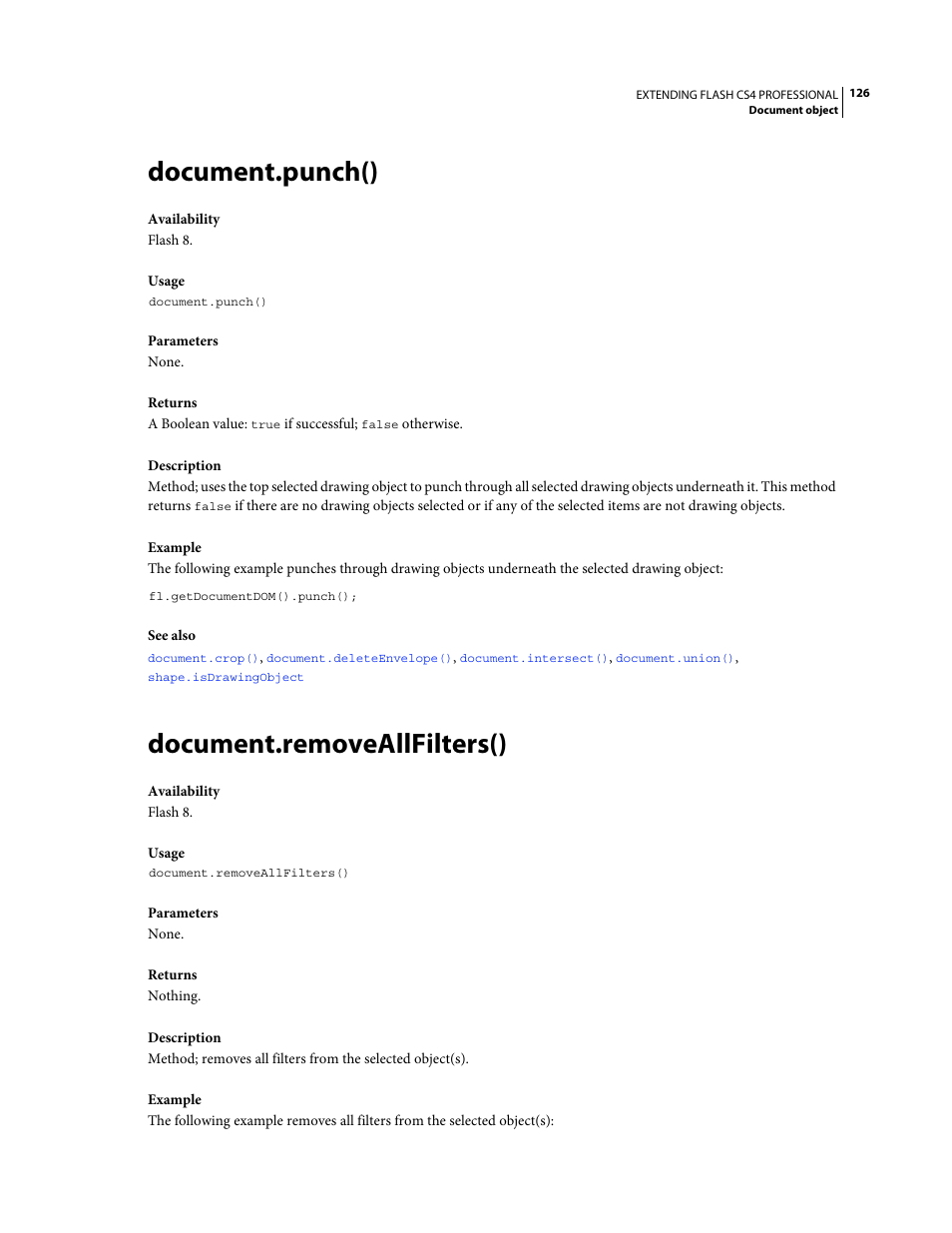 Document.punch(), Document.removeallfilters() | Adobe Extending Flash Professional CS4 User Manual | Page 148 / 560