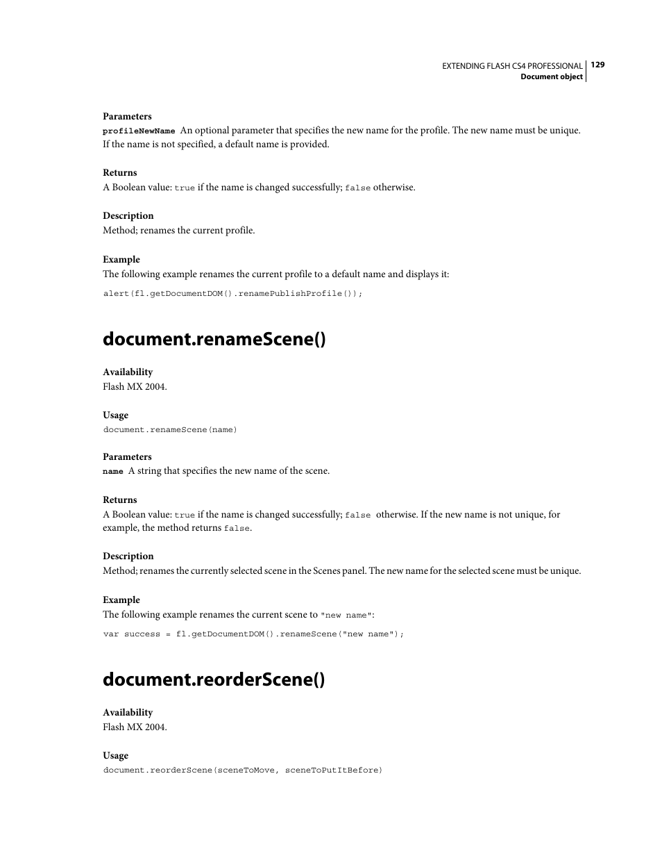 Document.renamescene(), Document.reorderscene() | Adobe Extending Flash Professional CS4 User Manual | Page 151 / 560