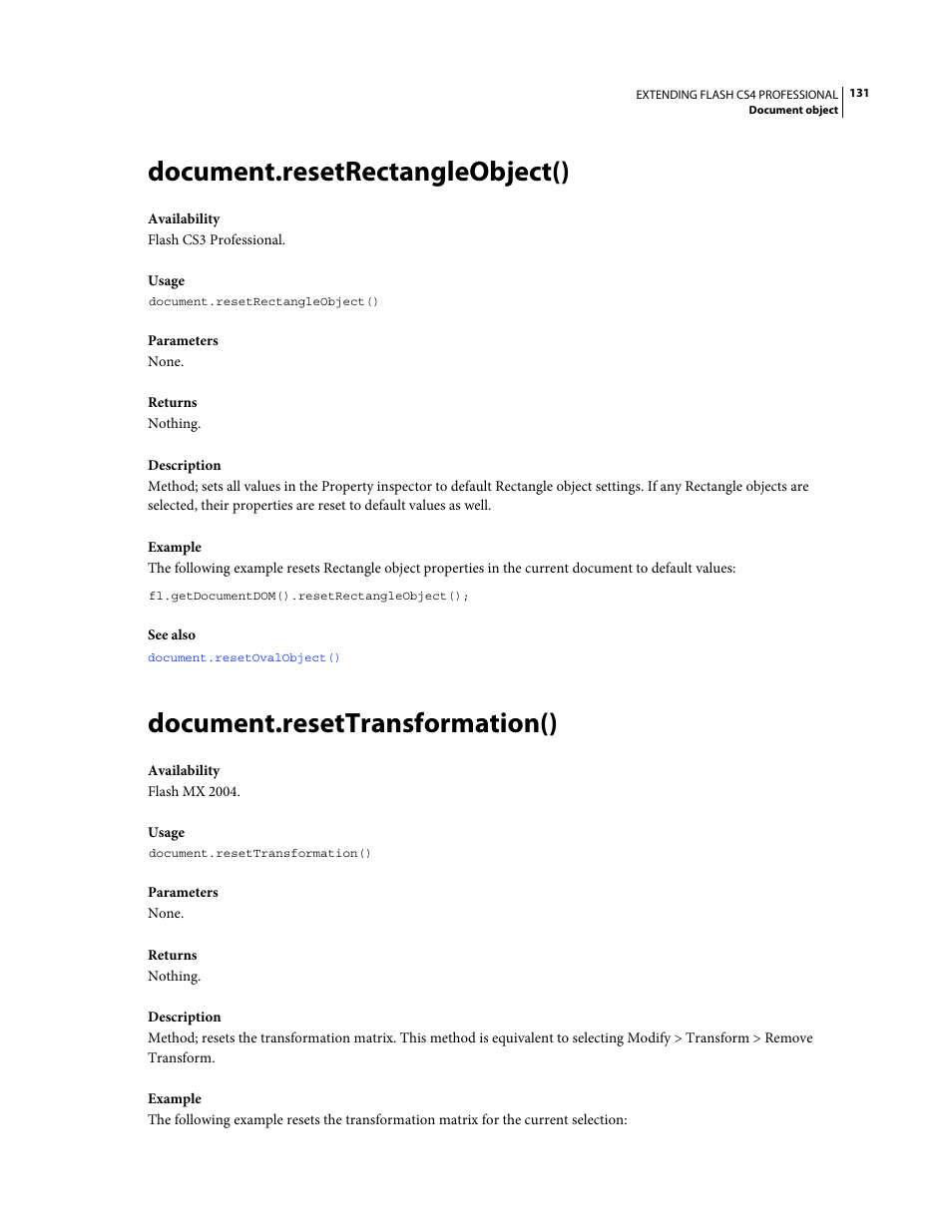 Document.resetrectangleobject(), Document.resettransformation() | Adobe Extending Flash Professional CS4 User Manual | Page 153 / 560